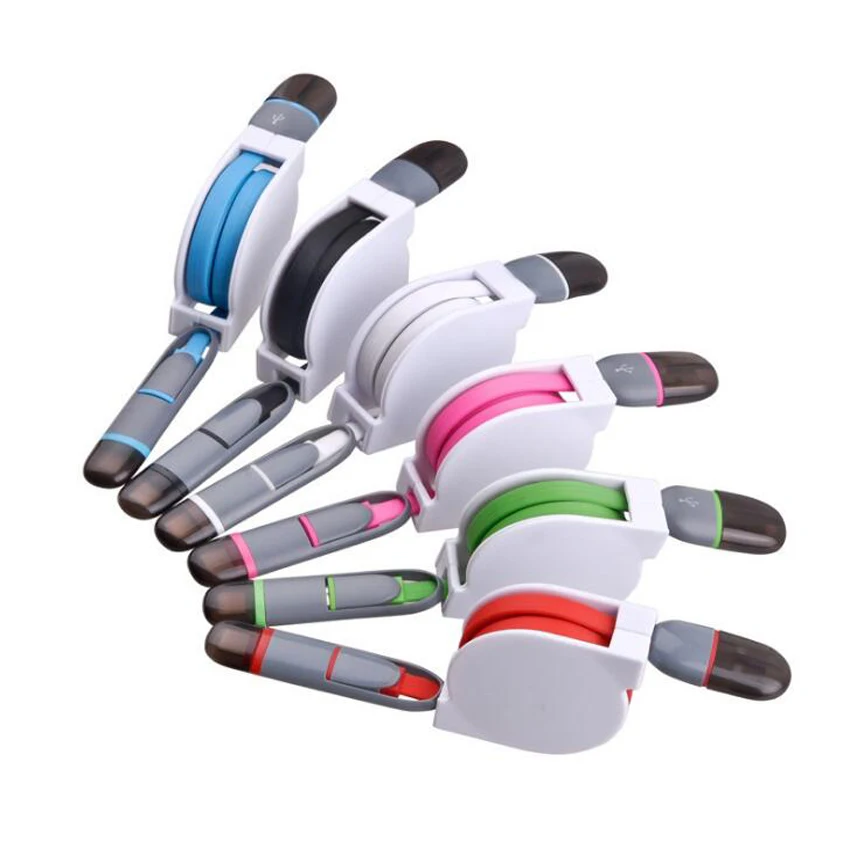 Wholesale  2 in 1 retractable cable usb Micro USB 8pin charge data Cable for mobilephone