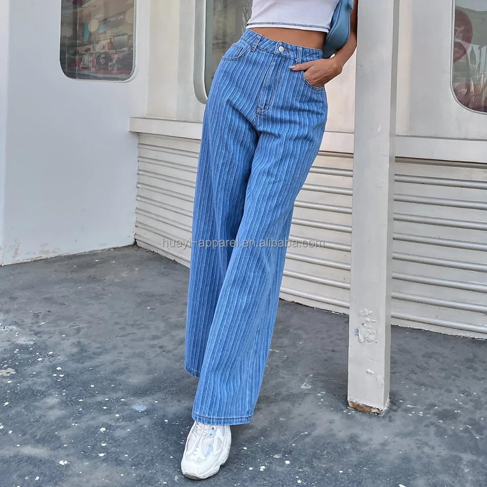 Женские джинсовые штаны и брюки большого размера в полоску с широкими штанинами