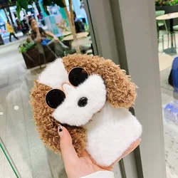 Cute Dog Plush Fluffy Fur Cell Mobile Phone Case for iphone 12 11 PRO XS MAX X XR 7 8