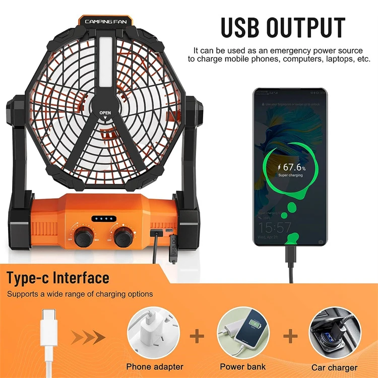 270 degree Rotation Reading Lamp Emergency cell phone charging Outdoor Travel Tent Fan with Hook Ceiling Fan outdoor fan for cam