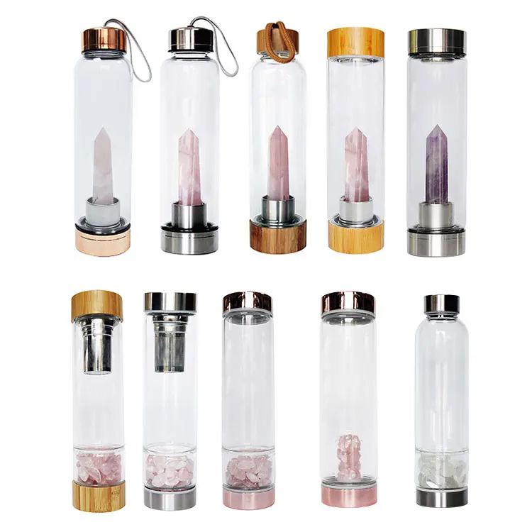 Custom Logo Rose Quartz Borosilicate Glass Gemstone Crystal Water Bottle