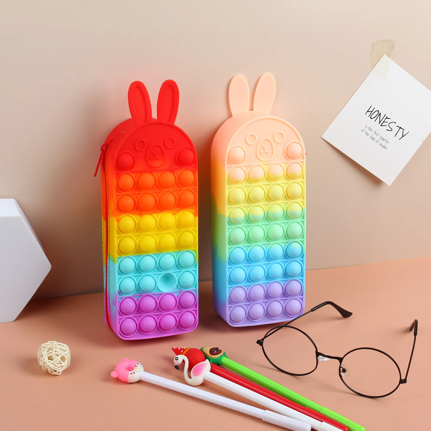 New Rainbow Color Decompression Pencil Case Cartoon Obedient Rabbit Silicone Creative Storage Stationery Box
