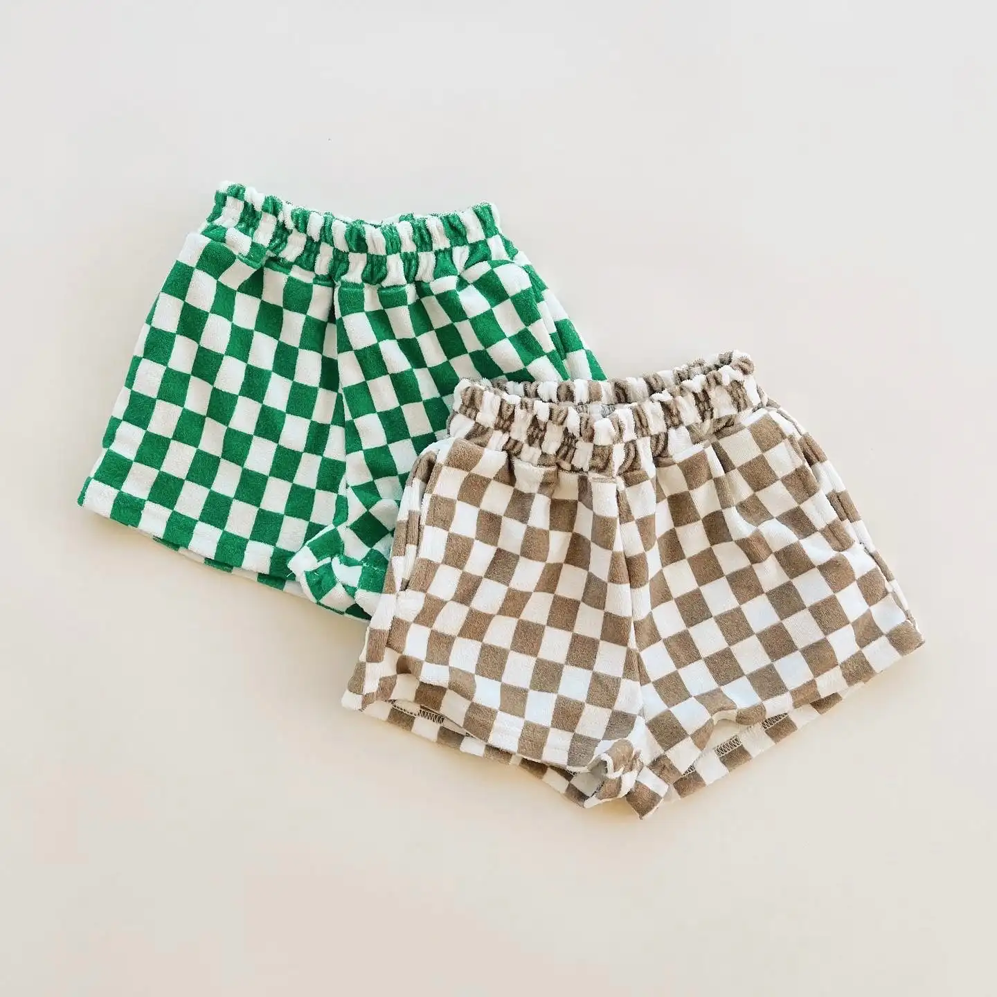 Neutral Baby Checkered Shorts Custom Towel Terry Cotton Loose Fitting Shorts With Side Pocket Lounge Wear Kids Shorts