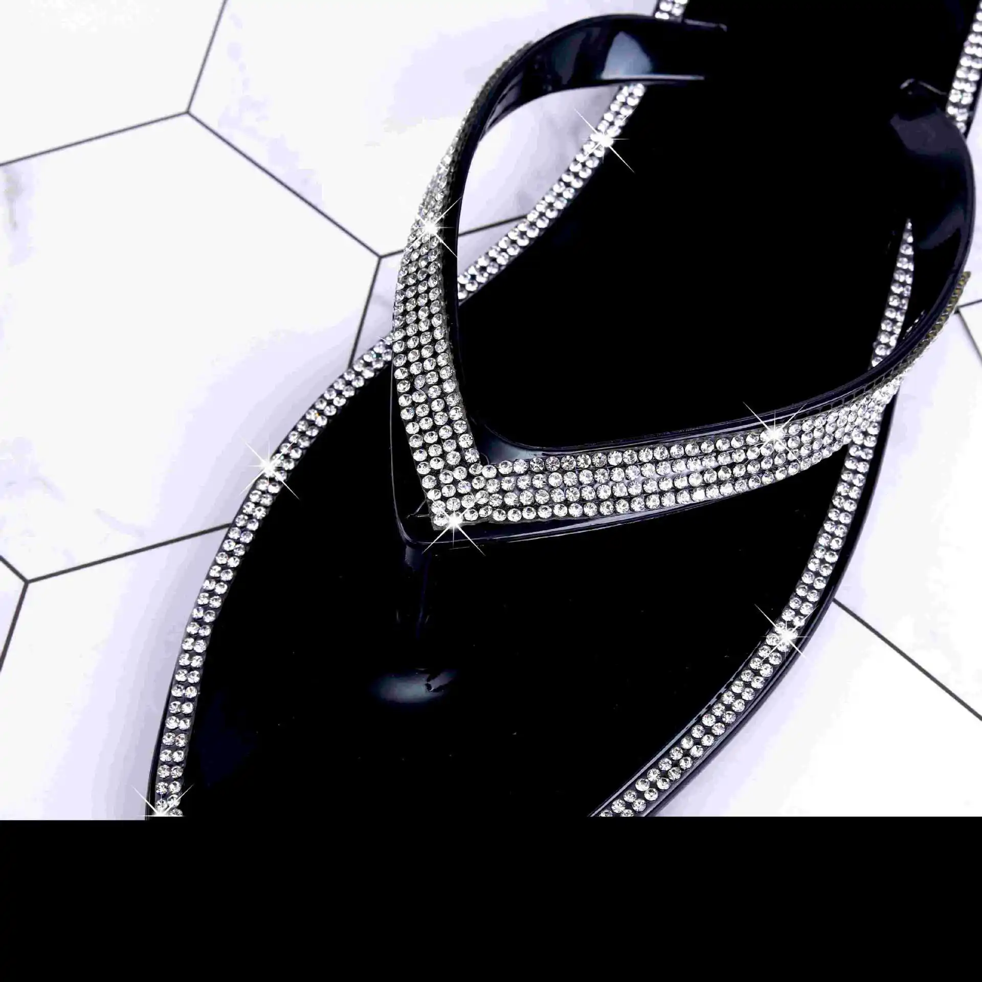 New rhinestone square head flat bottom crystal flip-flops jelly flip flops
