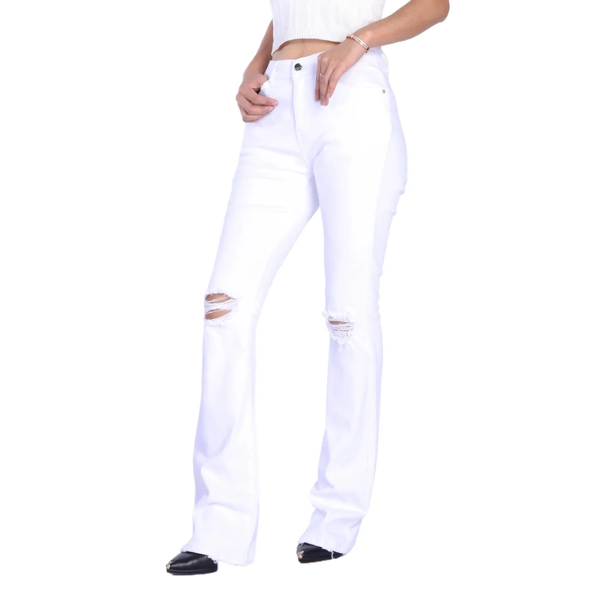 Custom White Colored Stretchy Ripped Design High Waist Women Flare Jeans
