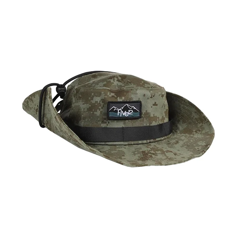 Hot Wholesale Camouflage Fisherman Patch Logo Customized Cotton Unisex Camping Outdoor Wide Brim Camo Bonnie Hat With String