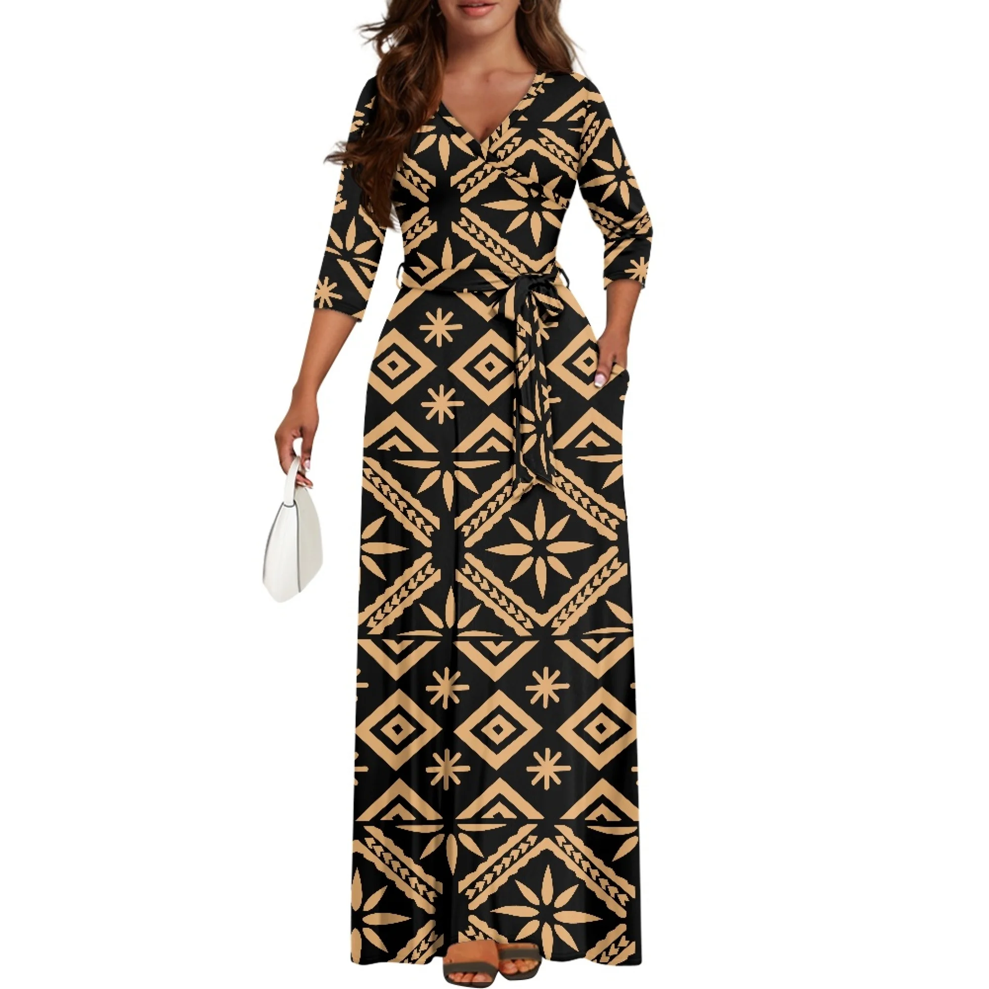 Factory Wholesale Custom Half Sleeve V Neck Tie-Up Long Dress Polynesian Elei Tribal Design High Waist Belt Pocket Ladies Dress