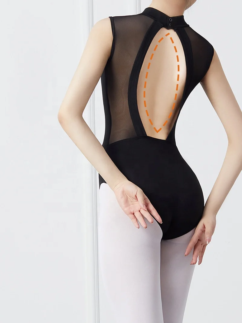 OEM wholesale one piece mesh open back stand collar gymnastics leotards, ballet basic gymnastics leotard training
