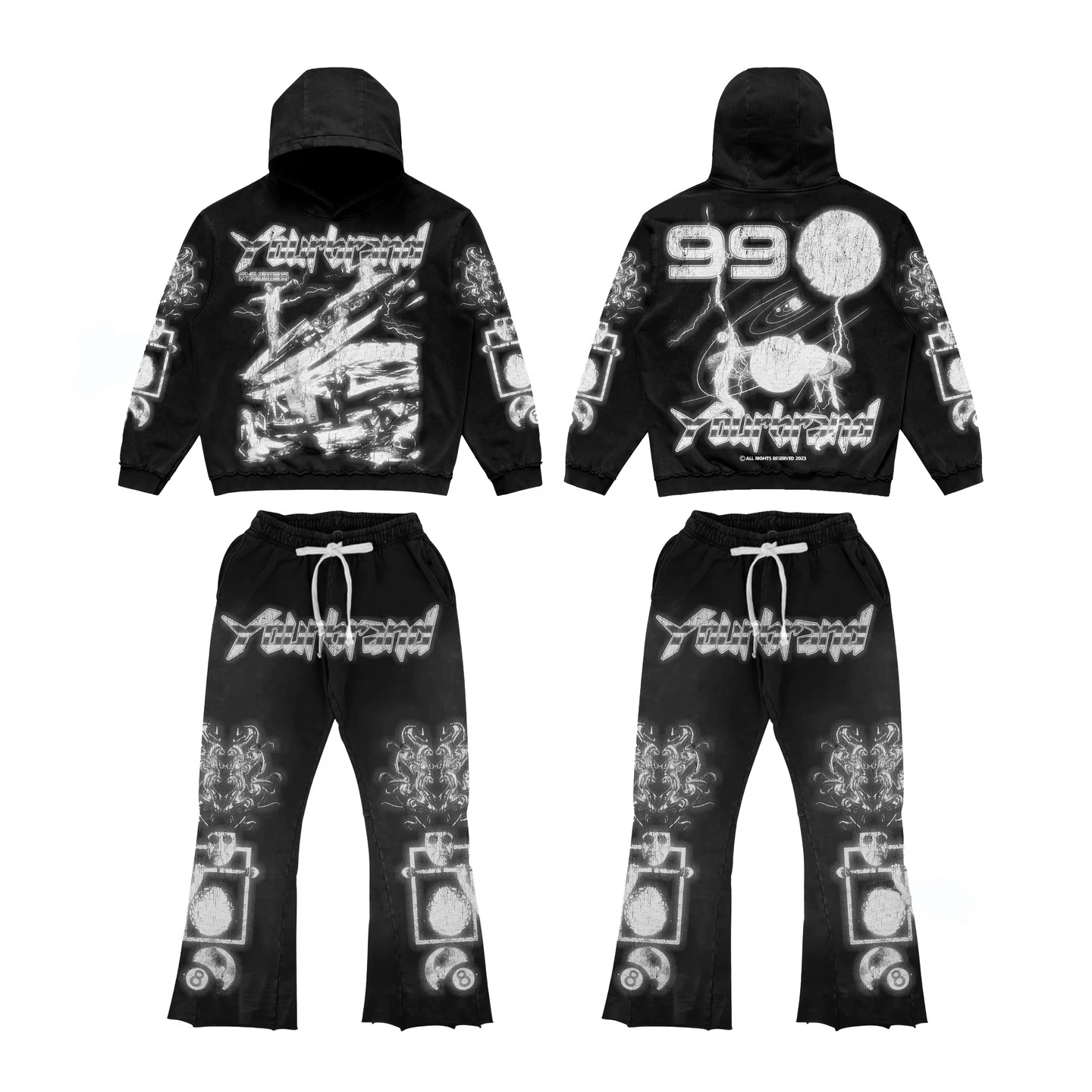 Custom Your Brand Acid Wash Streetwear Premium Print Black Distressed Flare Sweatpants And Hoodie Set Unisex