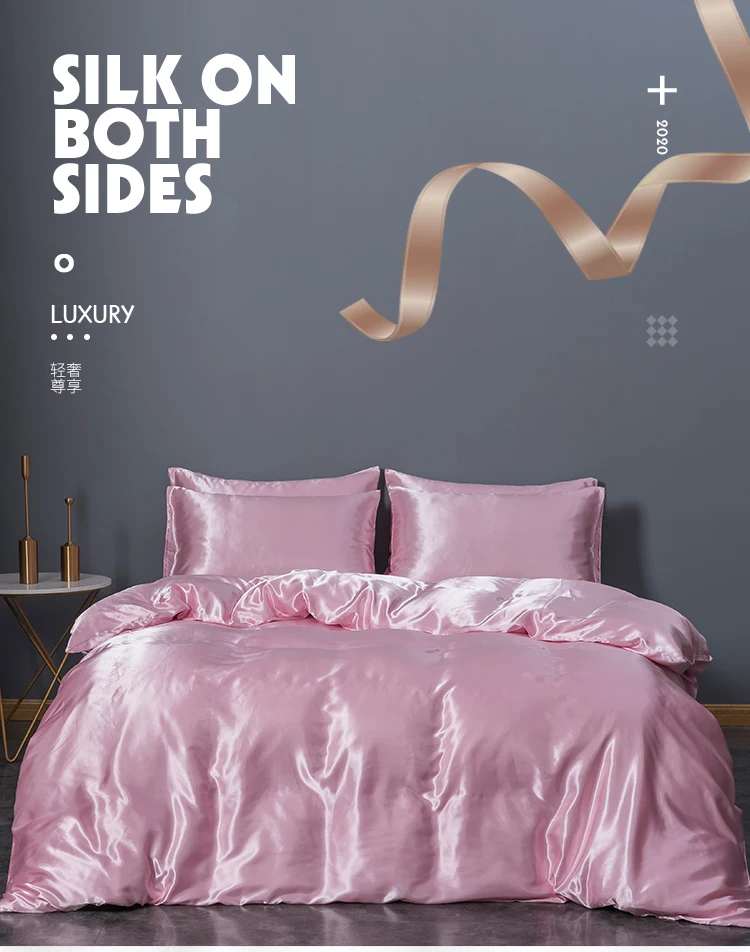 Satin Wholesale High Quality Luxury Textile  Solid Color Silk Bed Sheet Duvet cover Twin Queen King Bedding Sets