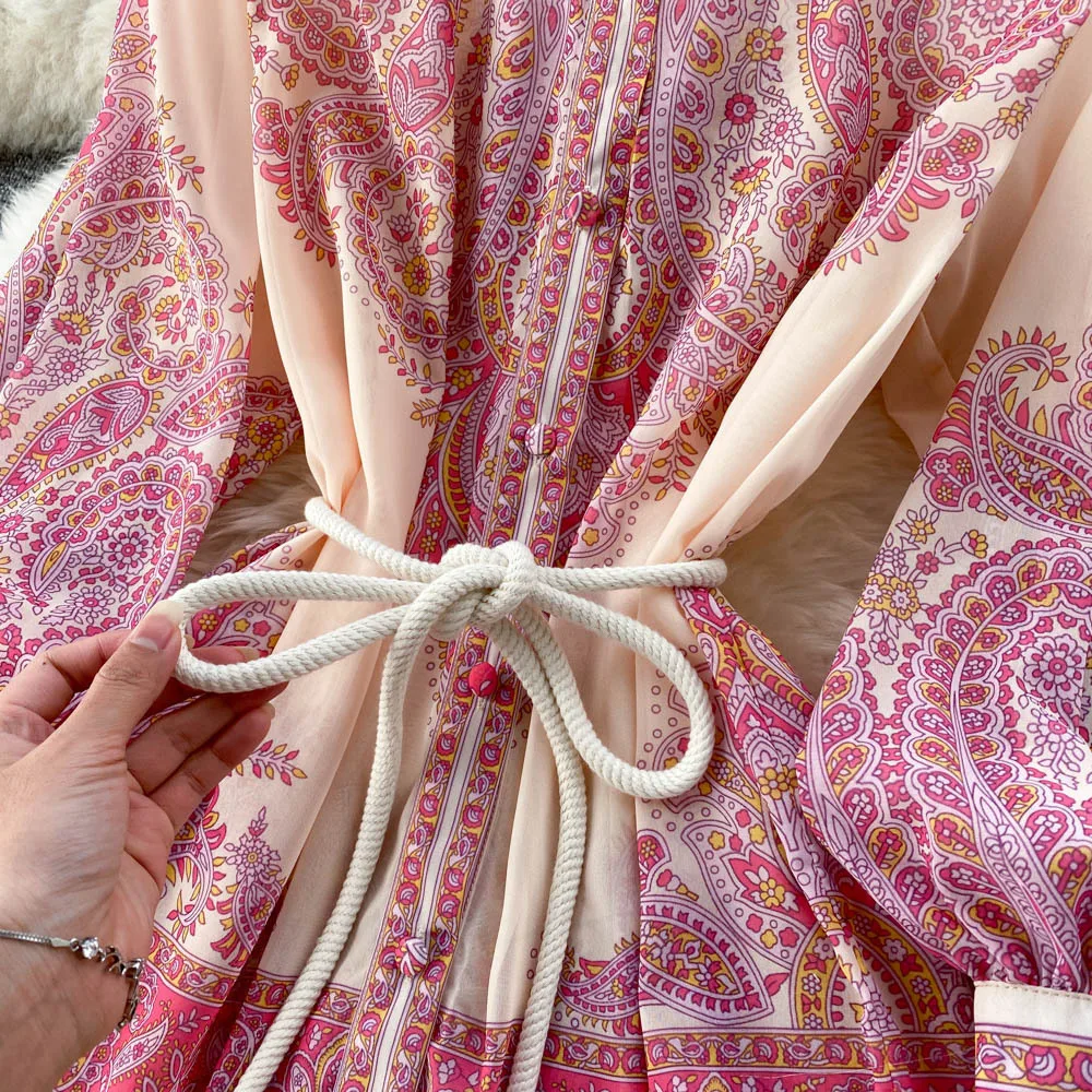 New Design Casual Stand Collar Ladies Lantern Sleeve boho custom all over 3d floral Print Loose Maxi long shirt Dress for Women