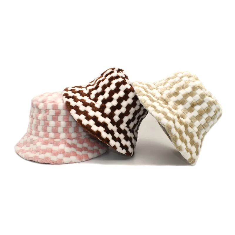 Wholesale 2021 new retro checked hat soft winter Fisherman hat plush travel fedora women bucket hat