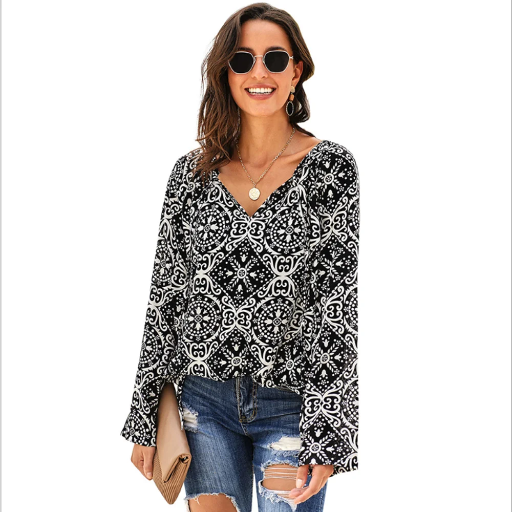 
Women Blouses Casual Loose Floral Print V Neck Long Sleeve Shirts Blouses Lady Tops 