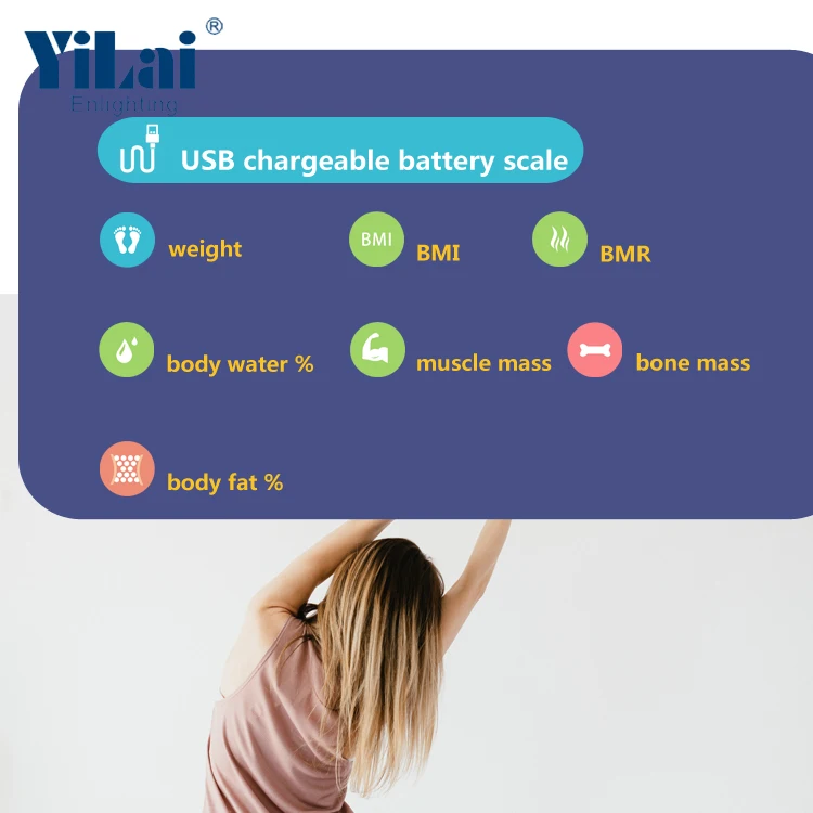 Body fat body water muscle mass bone mass calories measuring scale with USB rechargeable battery