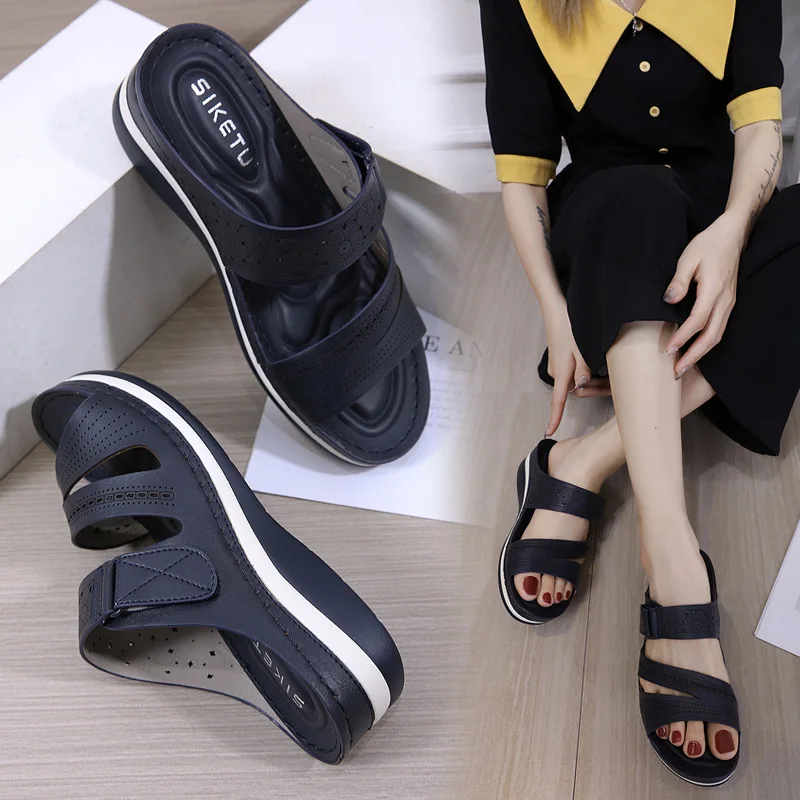 Summer Wholesale Customization Large Metal Button Slope Heels Outdoor Anti slip Breathable Comfortable Versatile Women