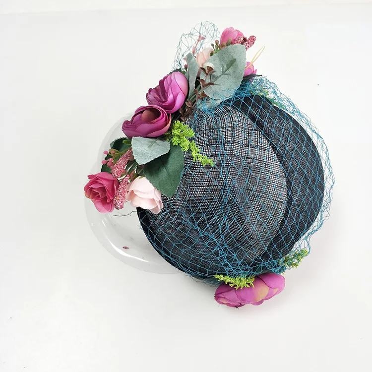
241HC Elegant Cocktail Hat With Flowers Women Kentucky Derby Fedoras Sinamay Fascinators Hats 