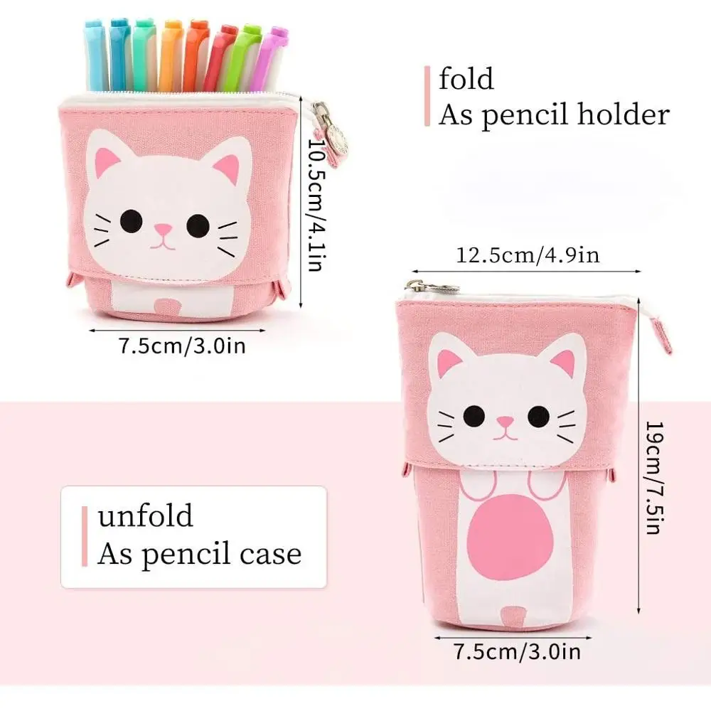 Korean Large Capacity Cute Stand Up Canvas Pencil Pouch holder,Custom Pop Up Telescopic  Pencil Case Bag Stationary For Girls