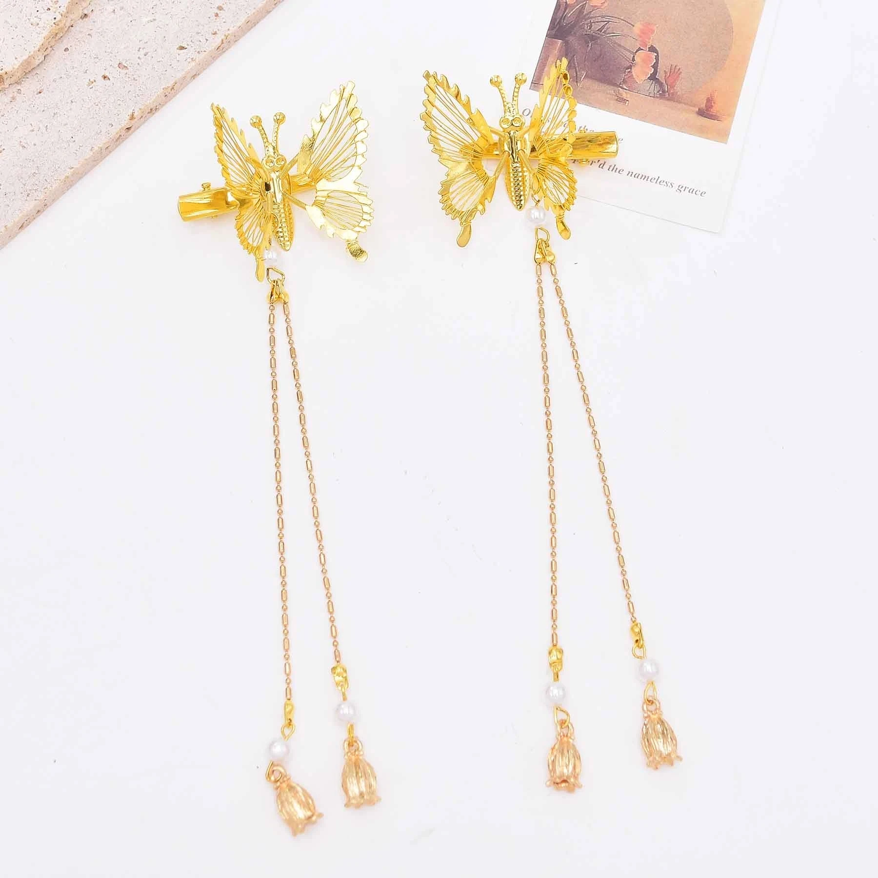 2 Pieces Butterfly Hairclips Women Gold Plated Long Tassel Cute Bangs Hair Jewelry