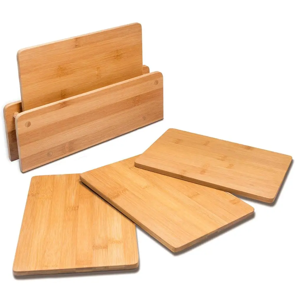 Выгравированная Экологически чистая безопасная на заказ кухонная 4 шт. бамбуковая прямоугольная разделочная доска и бамбуковая подставка