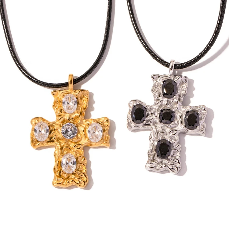 Wax cord pendant necklace high quality 18k gold plated diamonds big stainless steel cross pendant