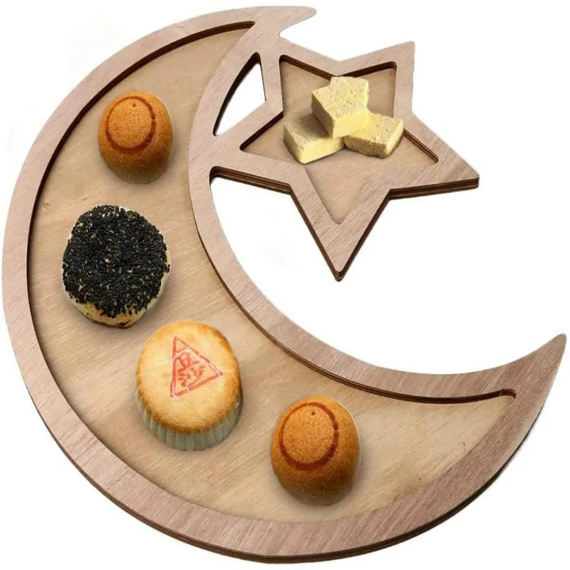 
Ramadan Tray Wooden Artistic Moon Srar Eid Mubarak Party Food Serving Tableware Tray for Home Decoration 