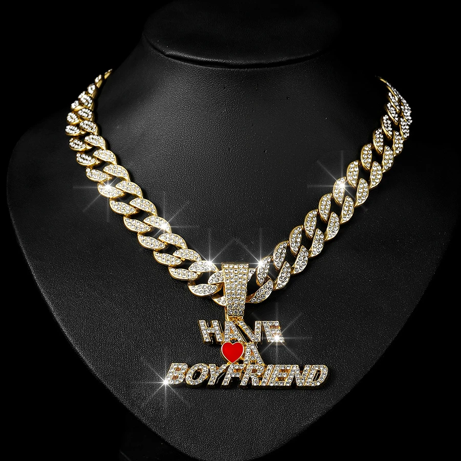 Silver gold color alloy tennis chain with hip hop full bling CZ rhinestone heart letter pendant chokers necklace