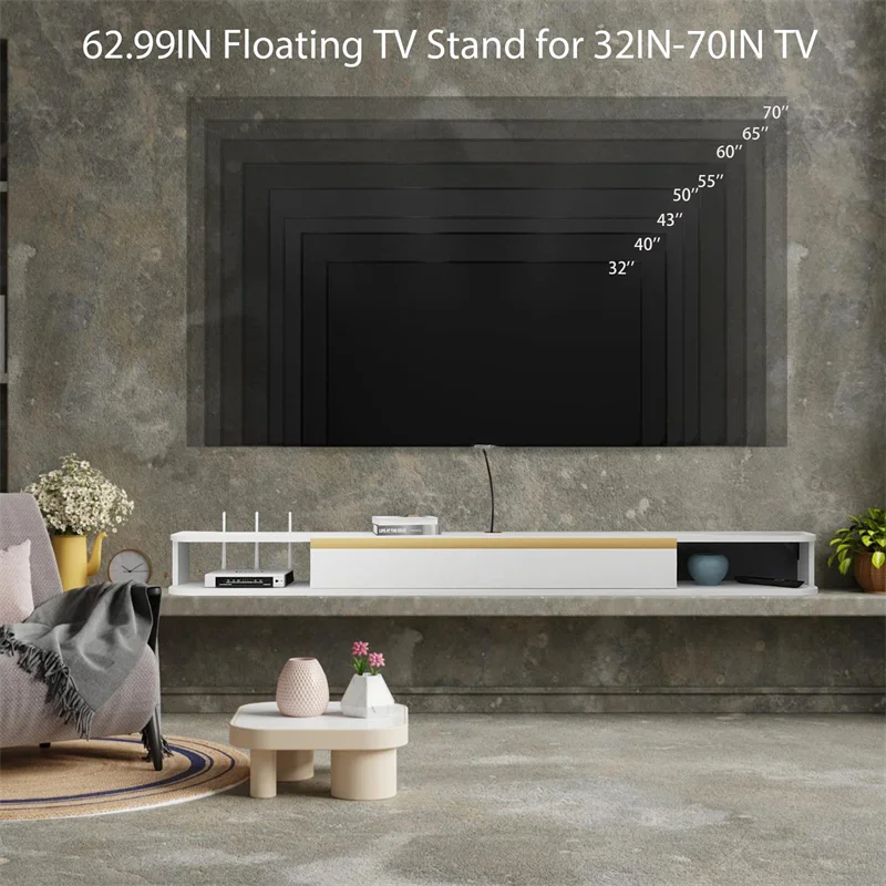55' Wall Mounted Entertainment Center TV Media Console, Floating Shelves with Door, Floating TV Cabinet