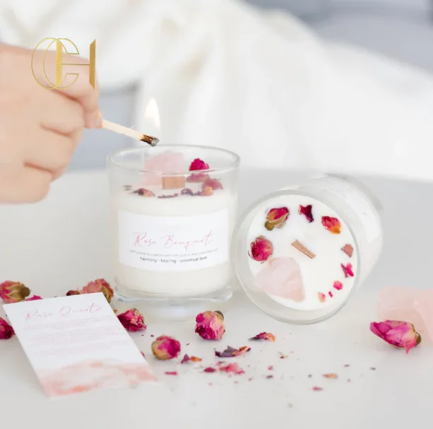 C&H clear jar sticker label customized logo soy wax healing gemstone jade amethyst spiritual candles for Christmas