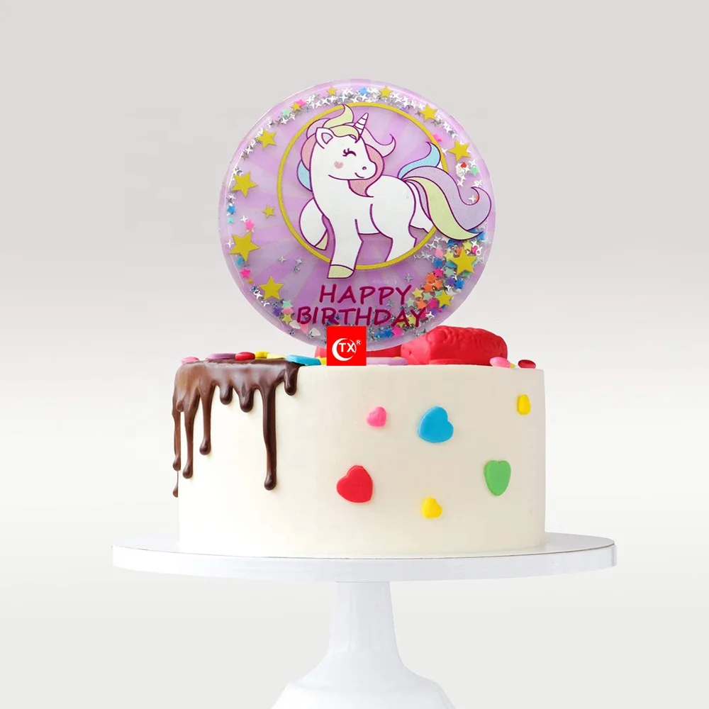 
TX Unicorn Rainbow Stars Smile Fun Pink Shake Shiny Moving Quicksand Acrylic Cake Topper For Kids Party Decorations Supplier 