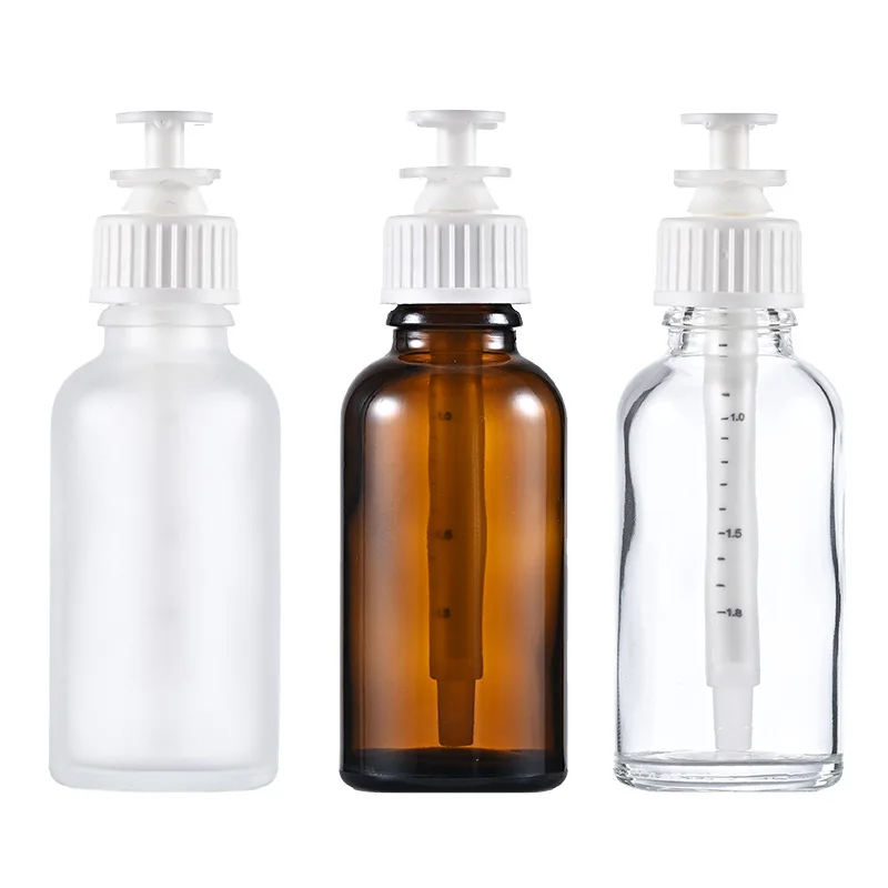 Spot goods Empty Reusable Essential Oil Face Liquid Syringe Bottle 30ml Matte Clear Amber Round Glass Bottle With Syringe