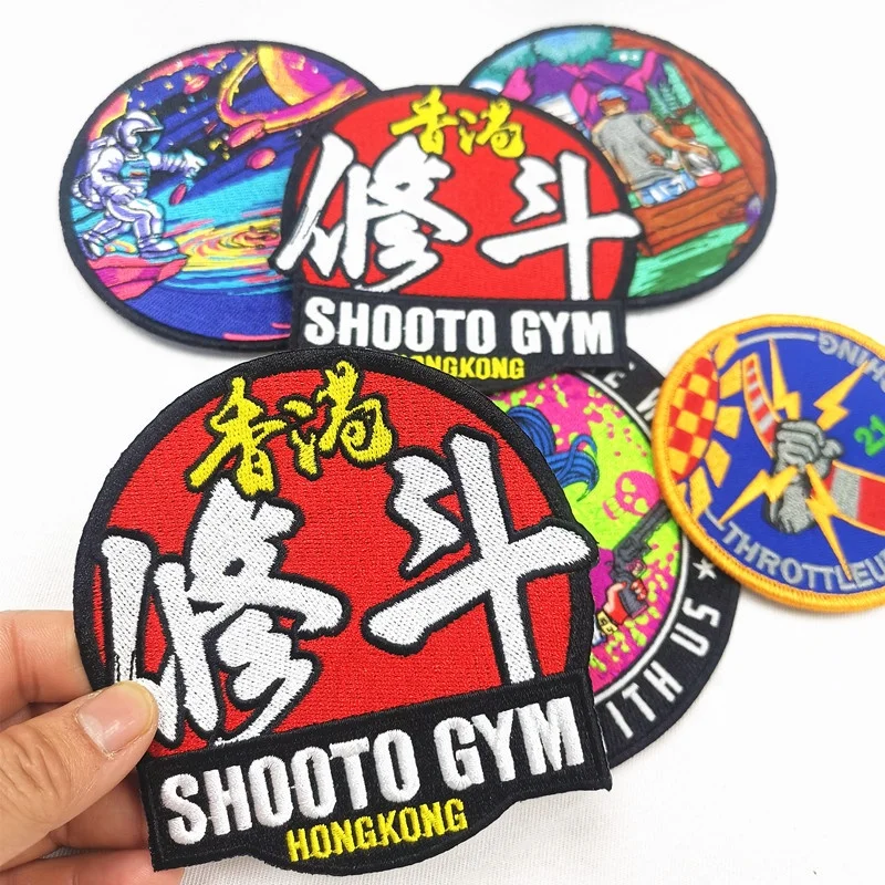 High quality custom embroidery scout sport iron on patches for clothing embroidered logo Round merrow border patches