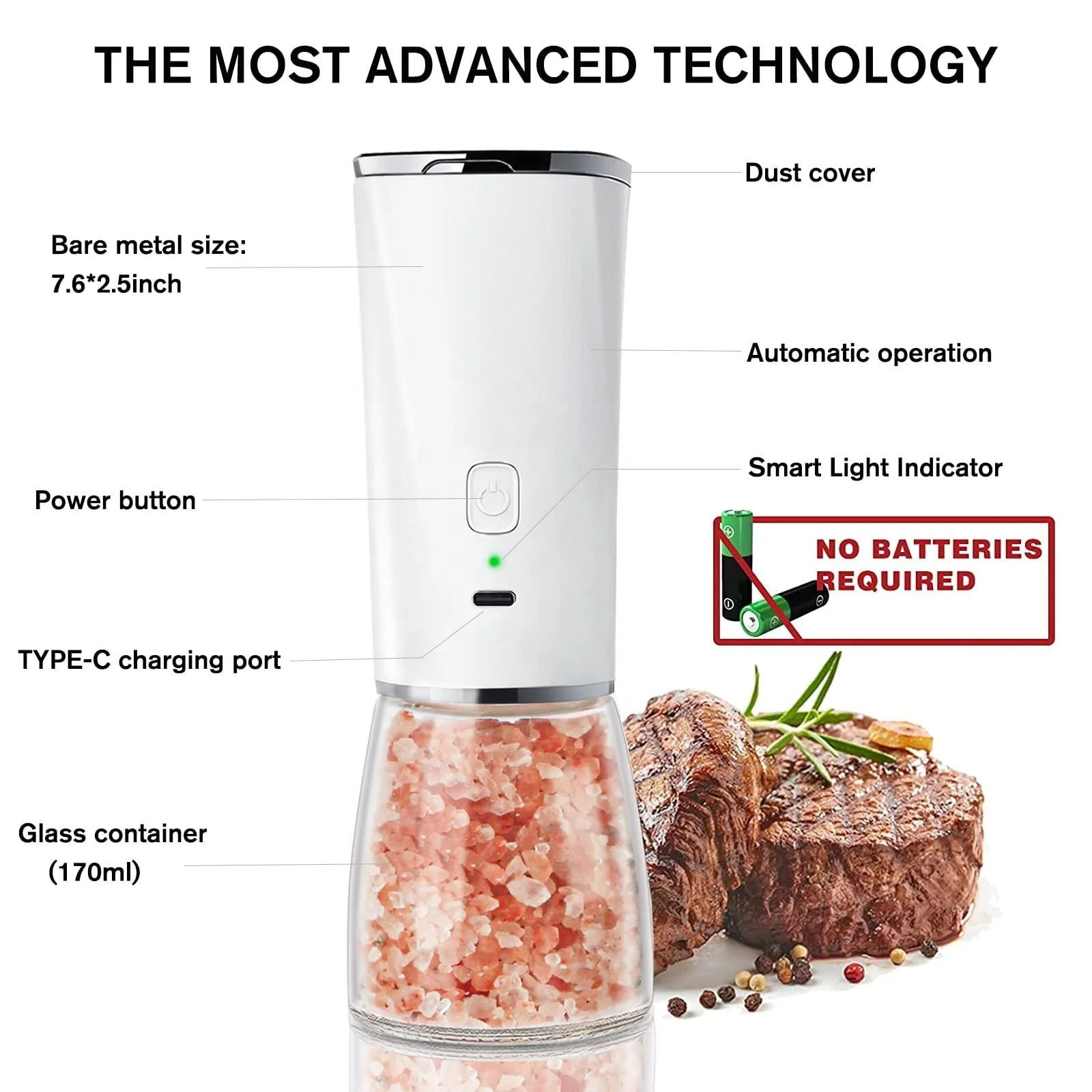 Beeman Cylindrical Electronic Adjustable Hand Grinding Ceramic Glass Gravity Electric Salt Pepper Mill With Light