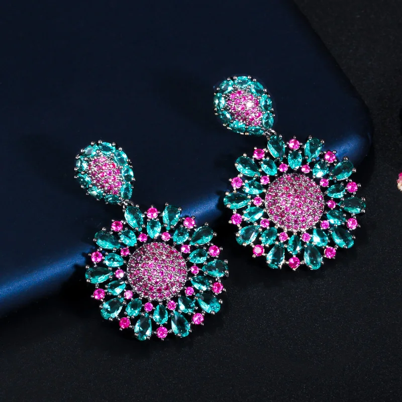 Aesthetic Brazilian Hot Pink and Green Cubic Zirconia Crystal Big Dangle Drop Flower Party Earrings for Women