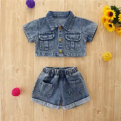 Hot sale summer fashion baby girls denim suit clothes sets crop tops+ blue denim shorts 2pcs toddler girls clothing set