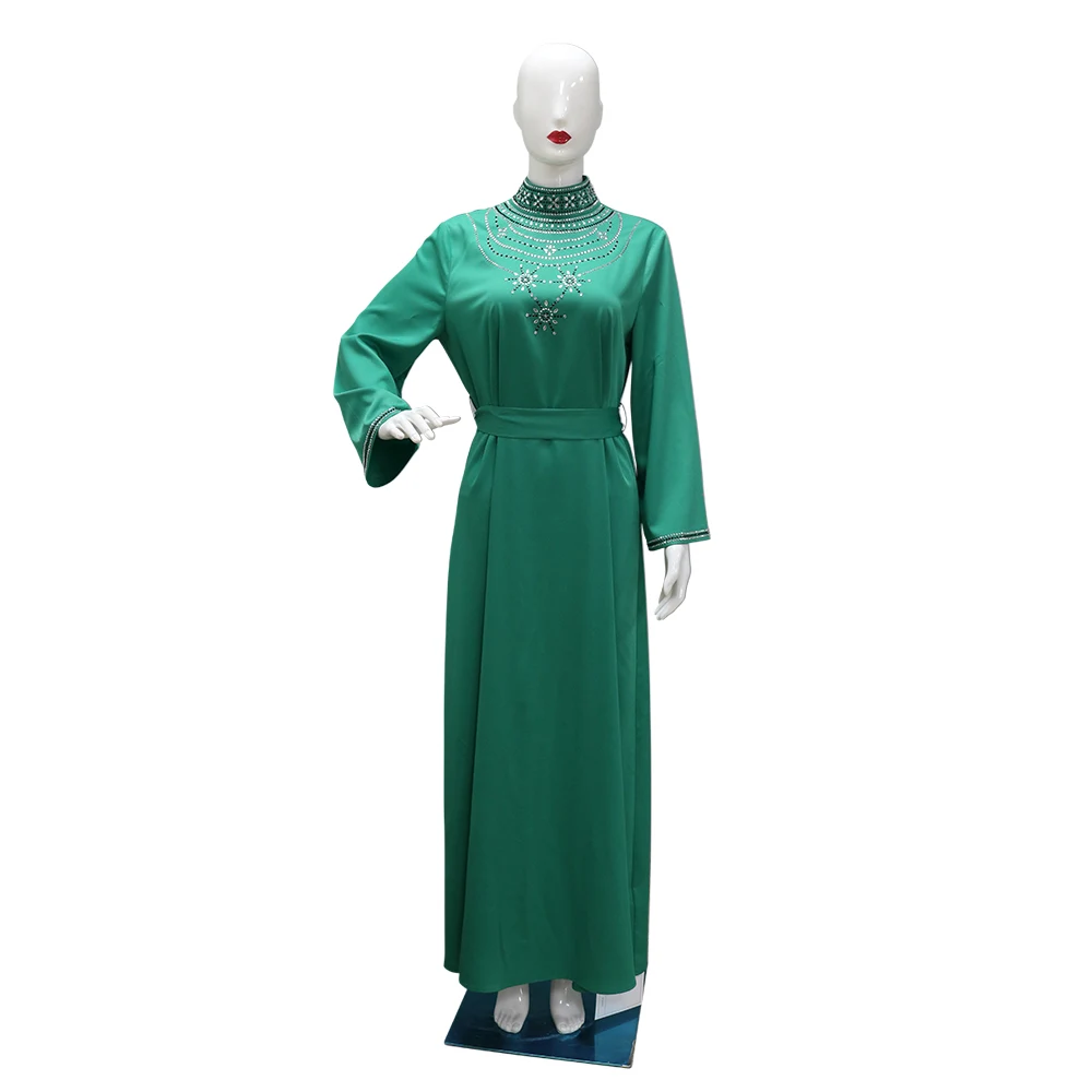 20245257 Green Abayas Long Sleeve High Neck Islamic Clothing Caftan Dresses With Rhinestones