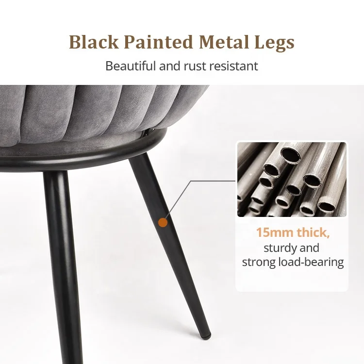 Factory Wholesale Morden luxury Gray Home soft cushioned backrest fabric armchair Velvet Dining room chair with metal legs