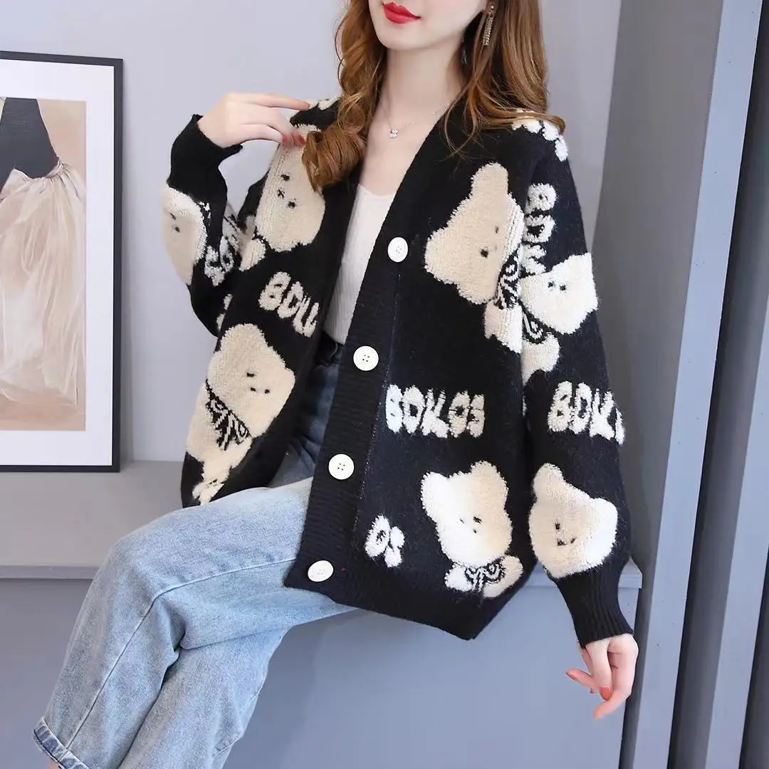 Custom OEM & ODM  v-neck Jacquard Knitwear Ladies Winter Long Sleeve Sweaters Women Cardigan for women