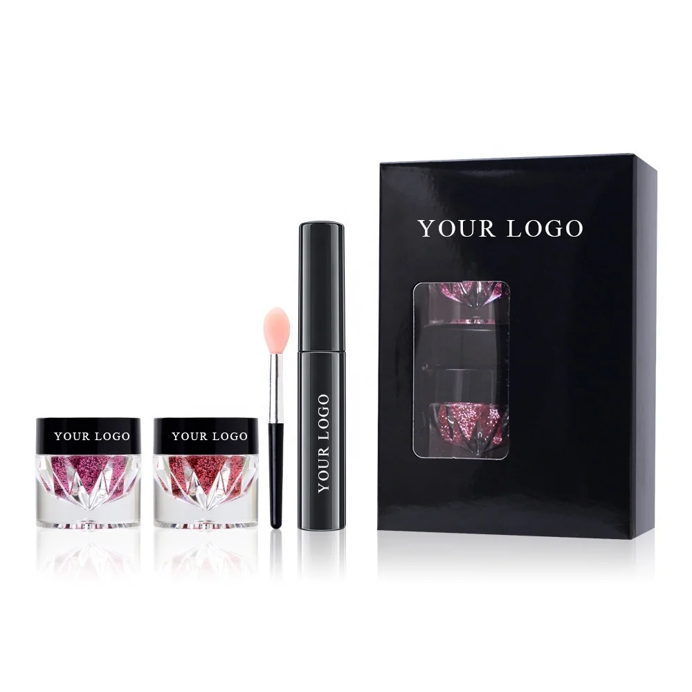 Private Label Face Makeup Set Eyeshadow Lips 3 In 1 Glitter Kit With Primer Gel