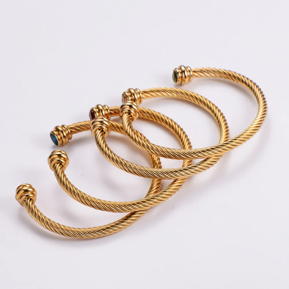 stainless steel gold plated zircon genuine gemstones twisted cable wire open cuff bangle bracelet