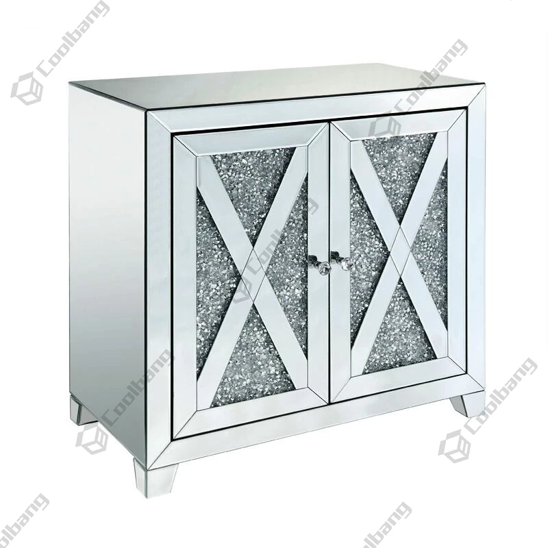 Diamond Buffet Floating Crushed Crystal Mirrored Sideboard with Handles