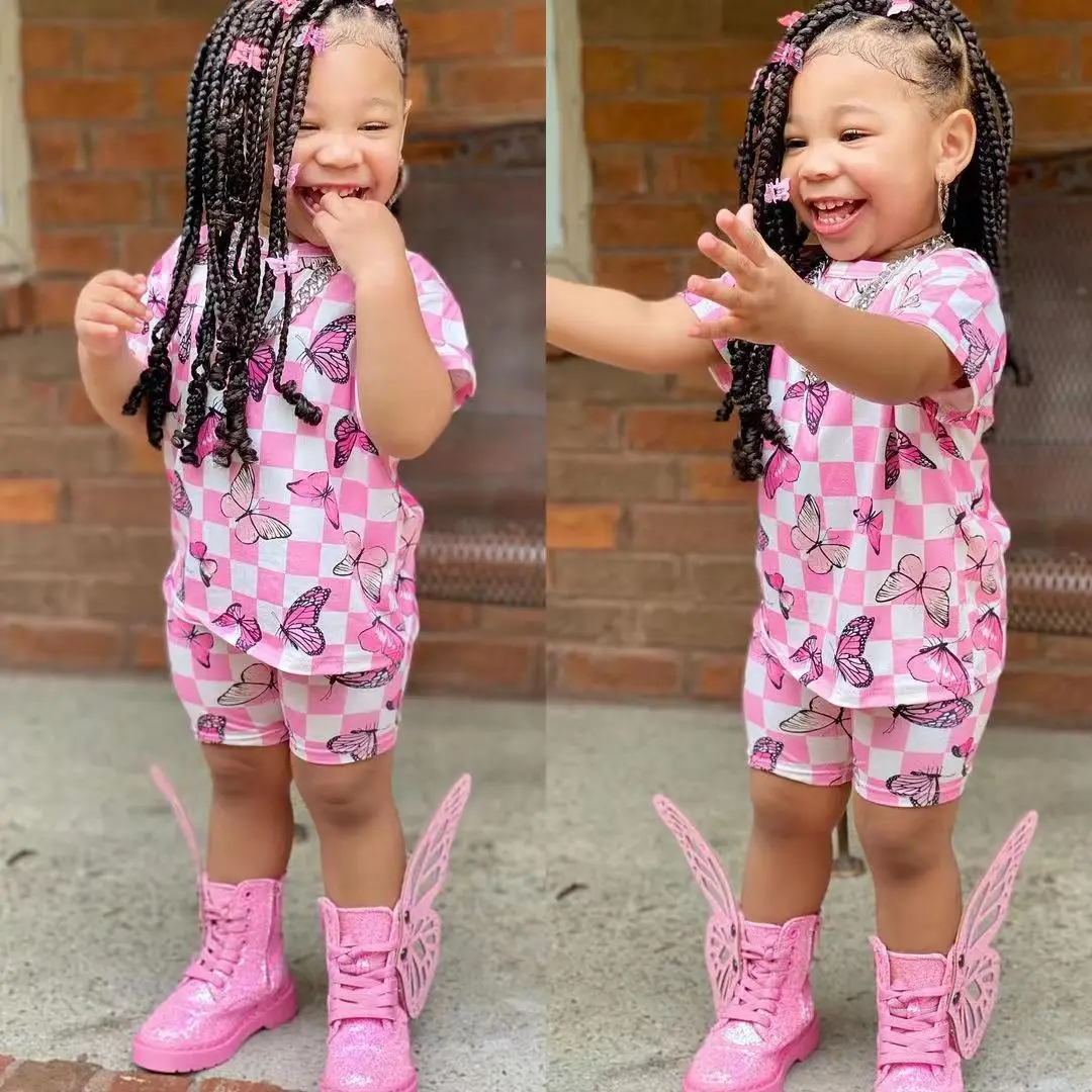 New fashion 2 Pcs girls clothing set short sleeve allover butterfly printed T-shirt + shorts outfits for girls