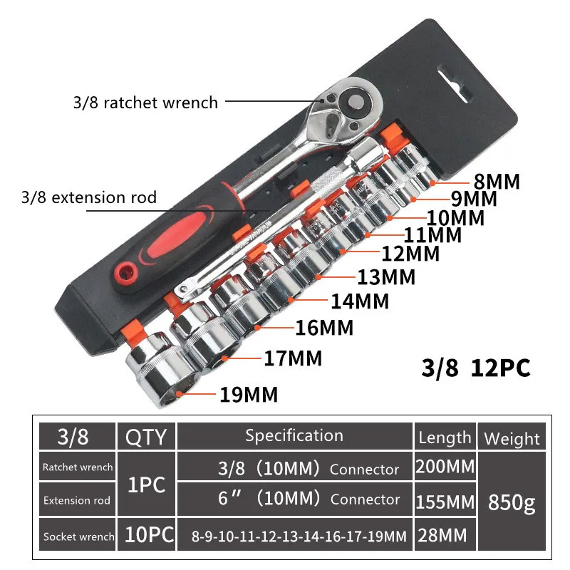 12pcs auto repair tool kit 1/4 3/8/ 1/2 fast ratchet wrench socket set
