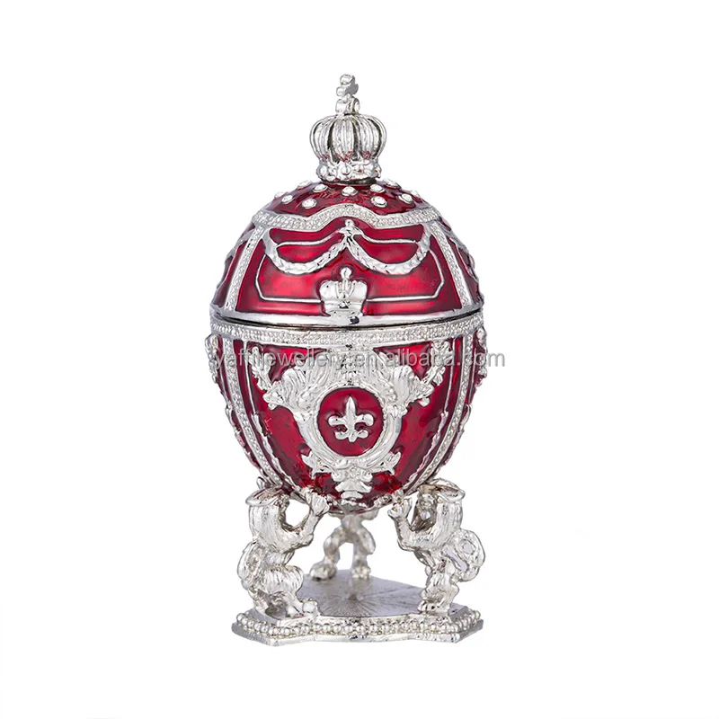 Hand-Painted Red Faberge Egg with Gold Finish,Rhinestones, Enamel Jewelry Trinket Box