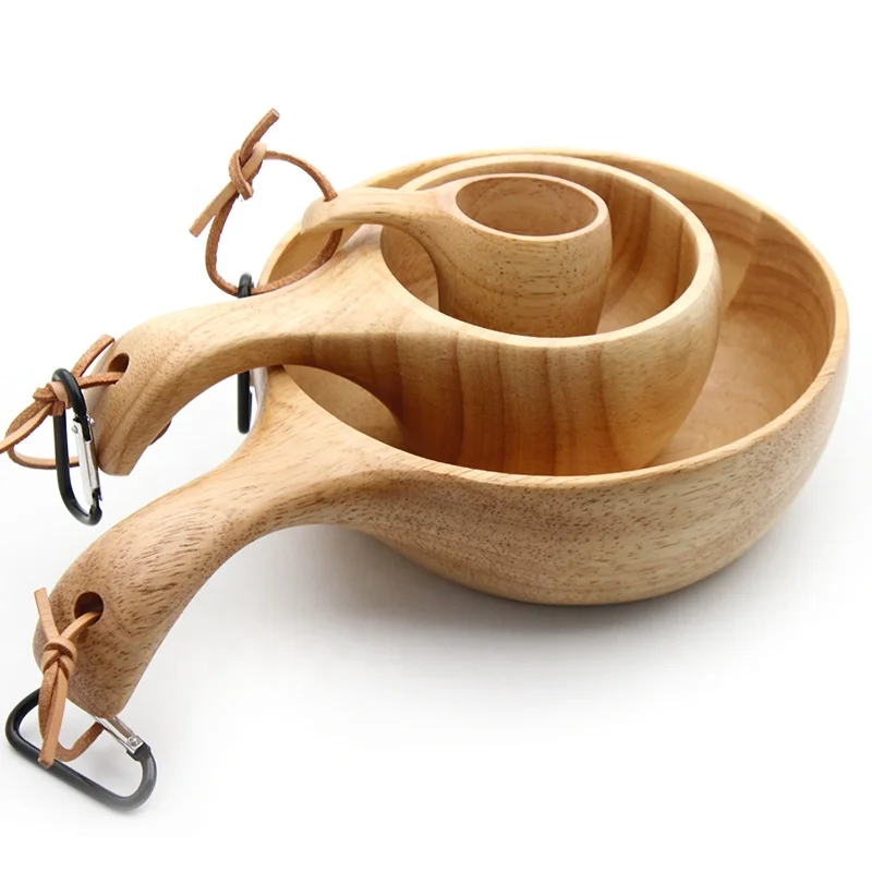 Outdoor Rubber Wood Kuksa Nordic Style Tableware Set Camping Wooden Coffee Cup Salad Bowl Mug Kit