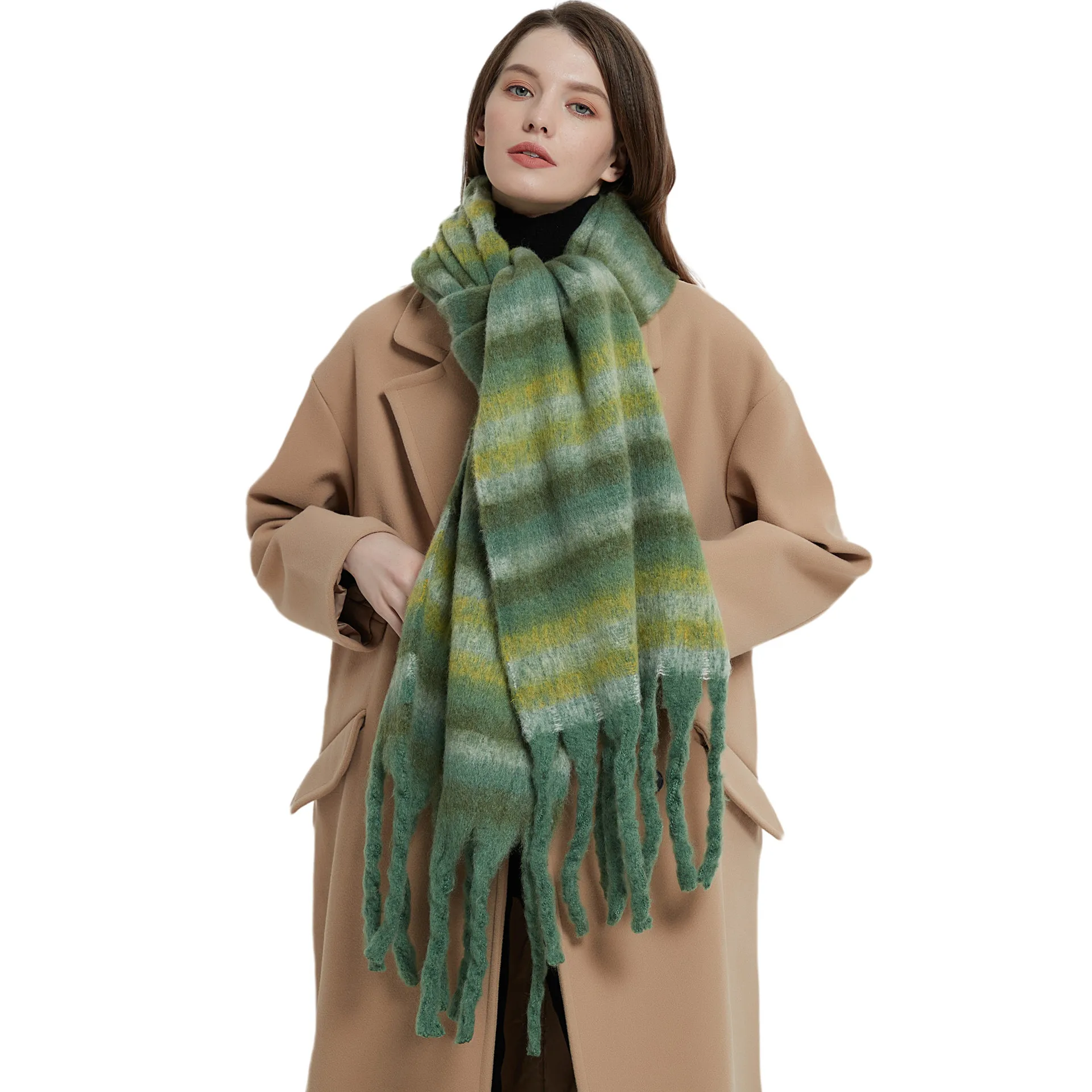 2025 New Winter thickened Scarf For Women Circle Yarn Acrylic Thick Warm Beard Tassel Striped Scarves Shawl