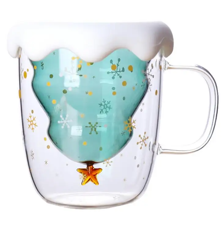 Christmas custom unique reusable double walled drink juicy borosilicate glass coffee cup with lid