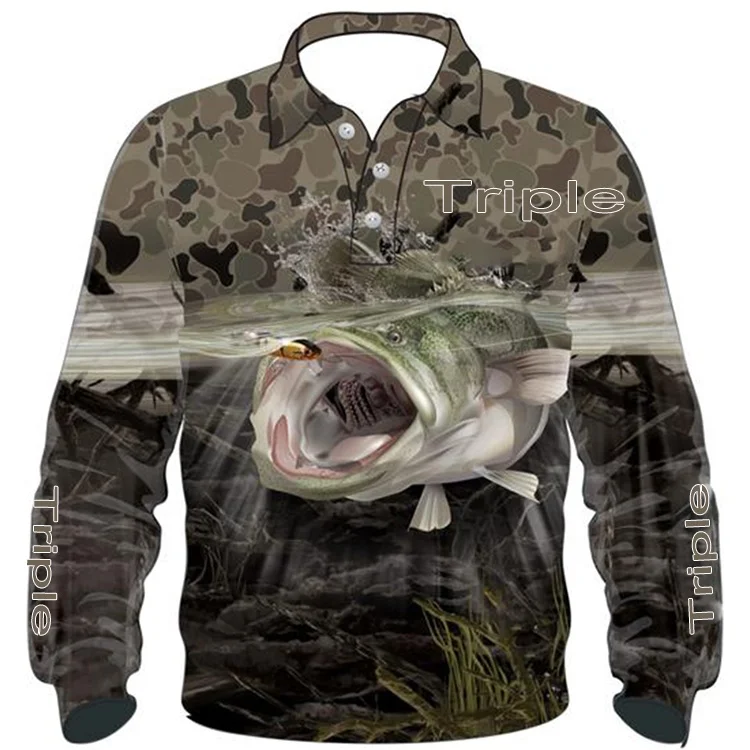 Custom mens long sleeves button up fish pattern uv breathable fishing shirts