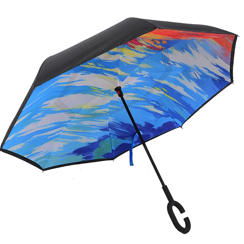 Wholesale black plastic ergonomic C shape handle double canopy inverted reverse umbrella with Navy and White Stripes Pattern
