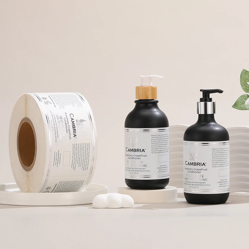 Custom Logo Printing Silver Foil Sticker Cosmetic Shampoo Bottle Adhesive Paper Stickers Roll Packaging Labels