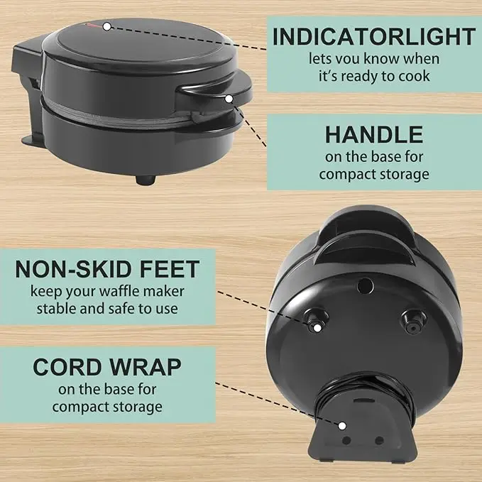 Mini Waffles Maker, Small Waffle Irons Non-stick, Portable Pancake Maker Machine for Kid, Easy to Clean, 5 Inches Wide, Black